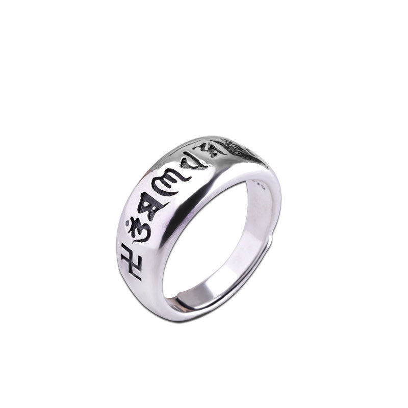 925 Sterling Silver Open Ring – Women’s Thai Silver Vintage Band with Six True Words Mantra