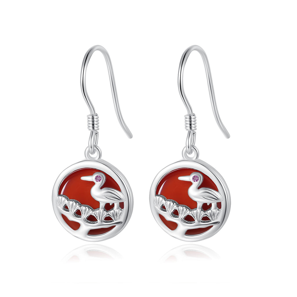 Crane Red Agate Sterling Silver Drop Earrings-A Wish for Long Life