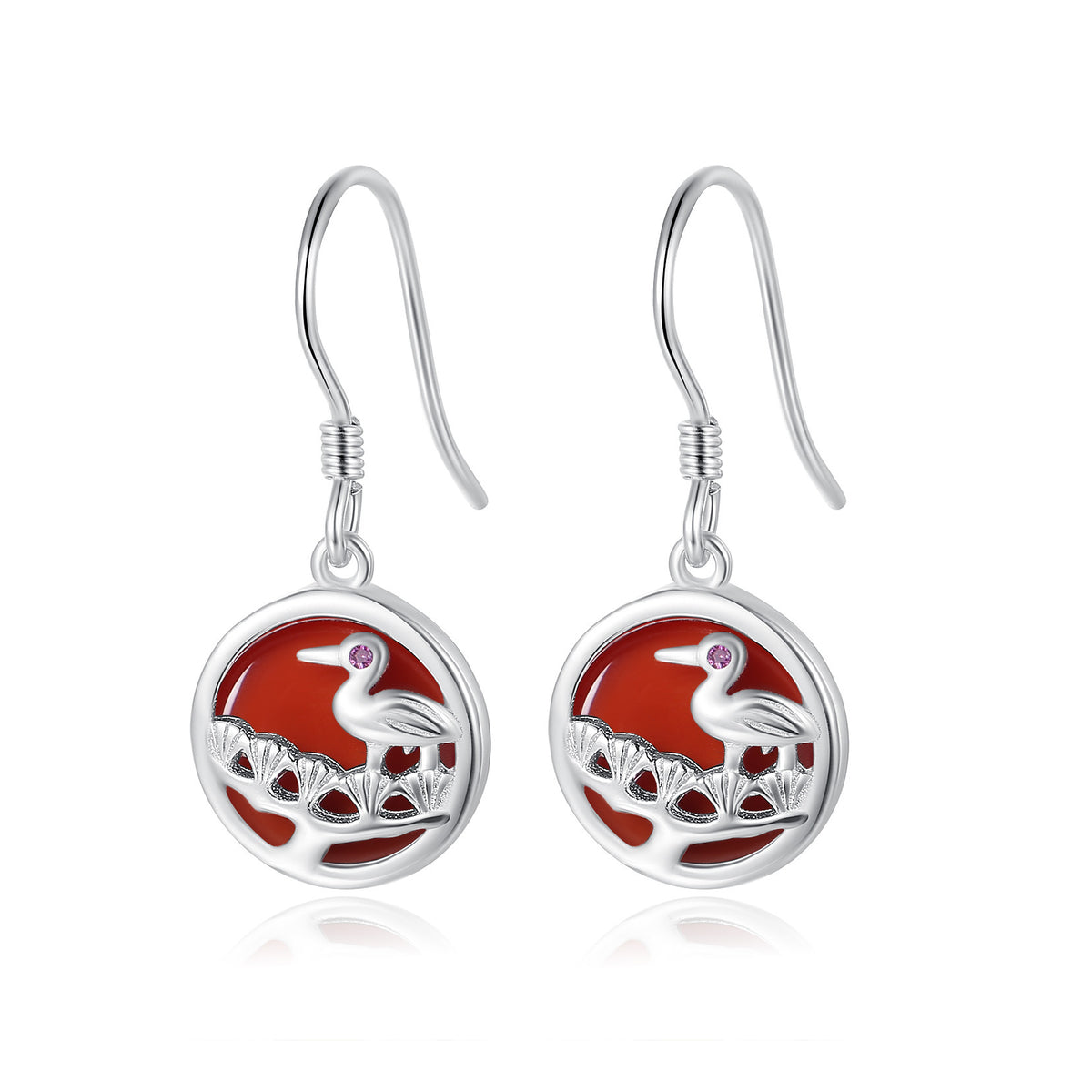 Crane Red Agate Sterling Silver Drop Earrings-A Wish for Long Life