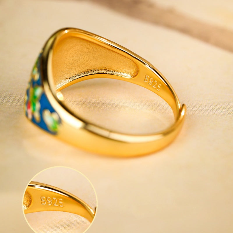 Graceful Bloom-Enamel Flower Gold-Plated Ring