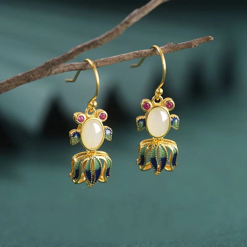 Goldfish Jade Silver Earrings-Prosperity Luck