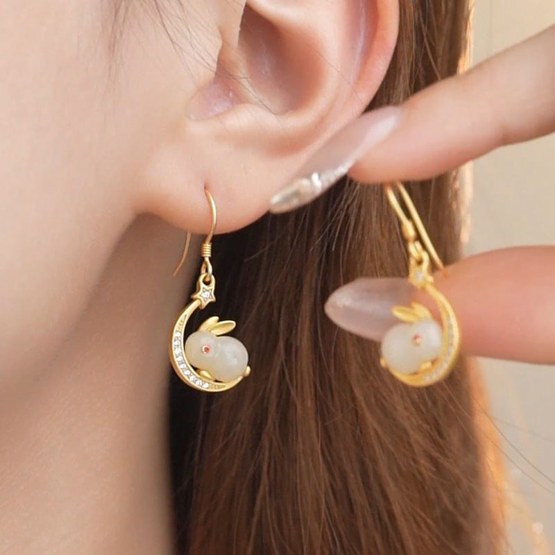 A Little Wonder-Moon Rabbit Nephrite Jade Earrings