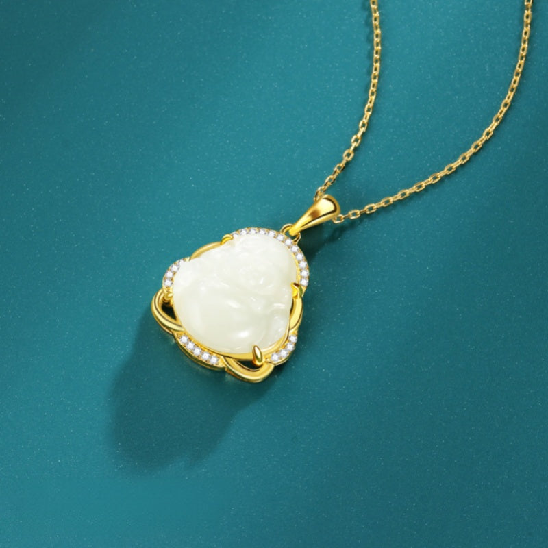 笑い仏 天然和田玉 ペンダント 925シルバーネックレス