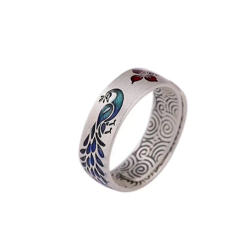 Peacoke Enamel Silver Ring-Protection Rebirth