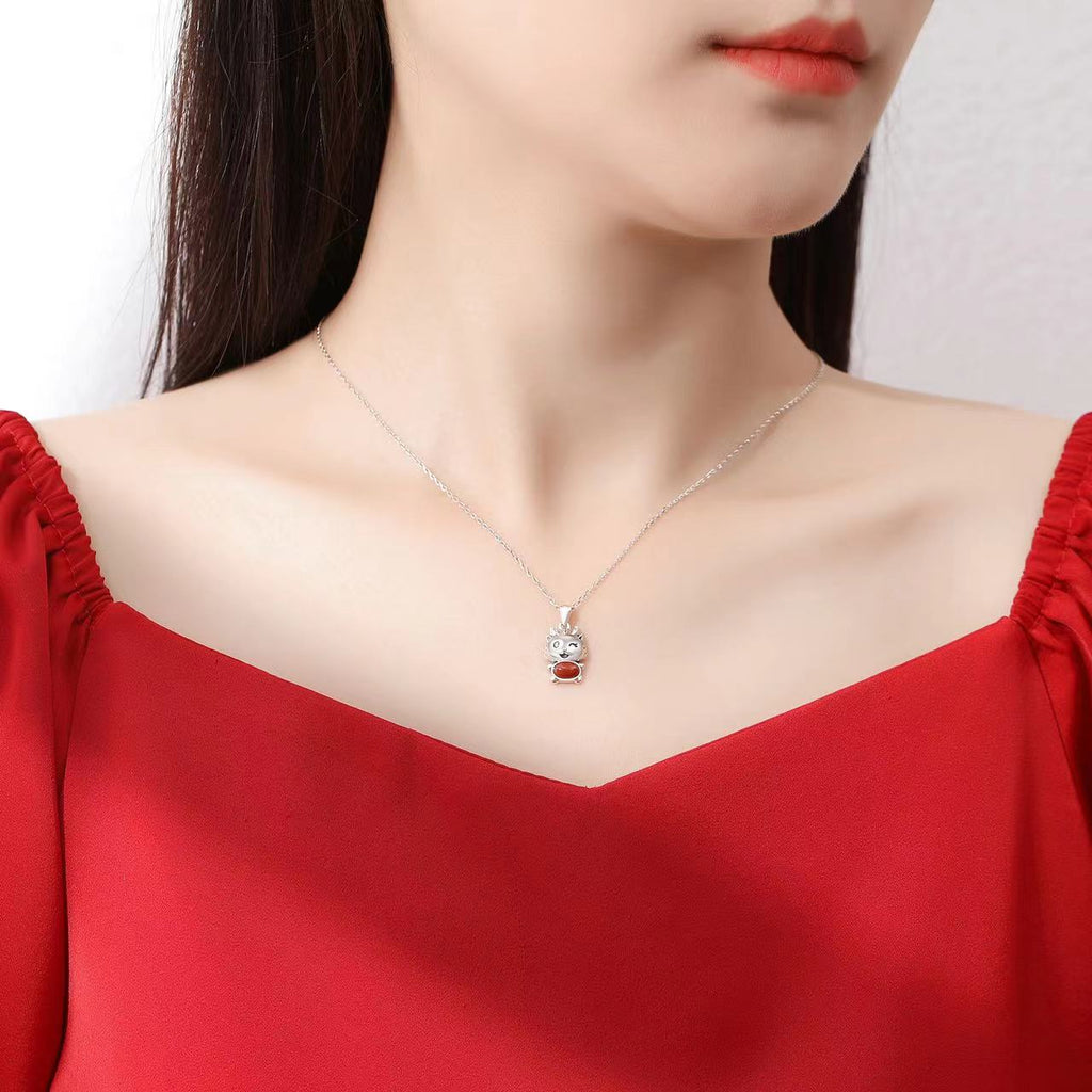 Cute Dragon Agate Silver Necklace-Fortune Prosperity