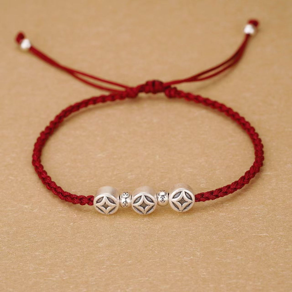 Enduring Fortune Antique Silver 3D Coin Red String Bracelet
