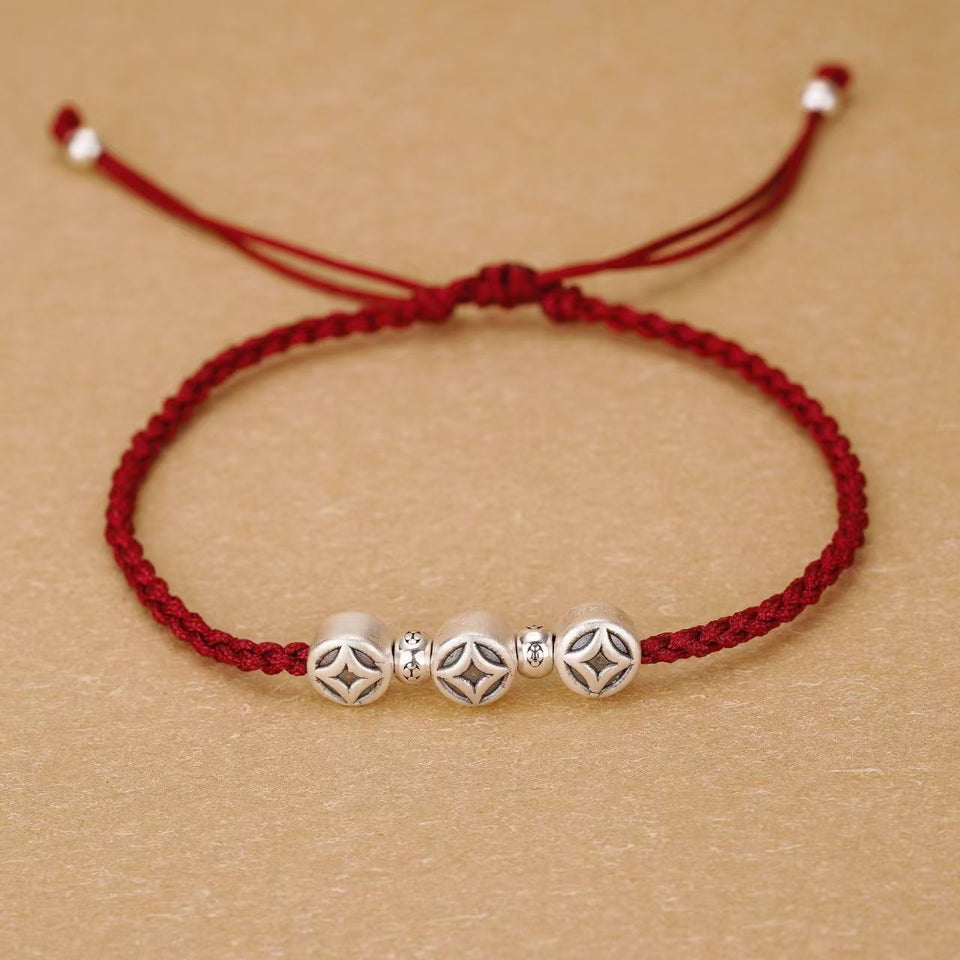Enduring Fortune Antique Silver 3D Coin Red String Bracelet