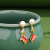 Pearl Koi Fish Drop Earrings – Elegant Gold-Plated Studs with Enamel & Crystals