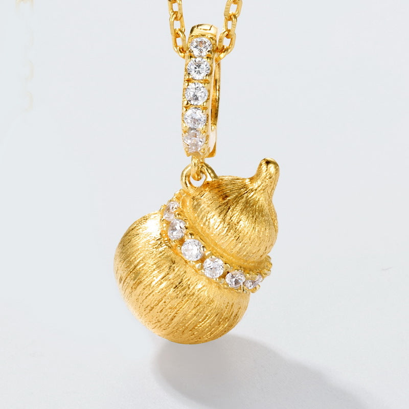 Vintage Gourd Necklace – 10K Gold-Tone Brushed Silver Pendant for Elegant Women