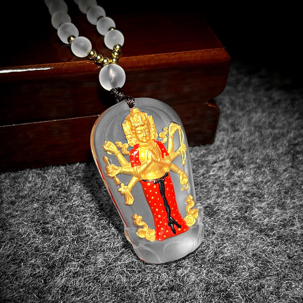 Eight-Armed Avalokiteshvara Gilded Liuli Pendant-Compassion, Protection & Spiritual Blessings