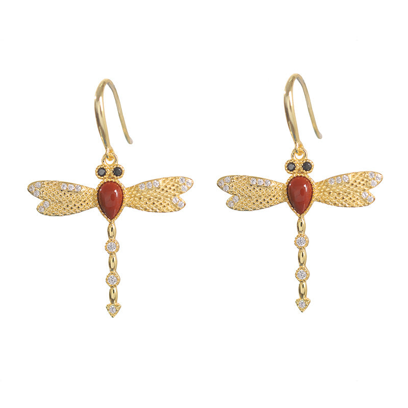 Dragonfly Turquoise & Red Agate Drop Earrings-Grace in Flight