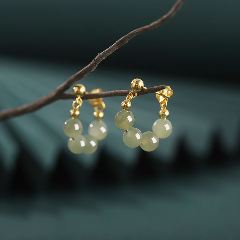 Beaded Nephrite Jade or Red Agate Hoop Earrings-Softly Self-Assured