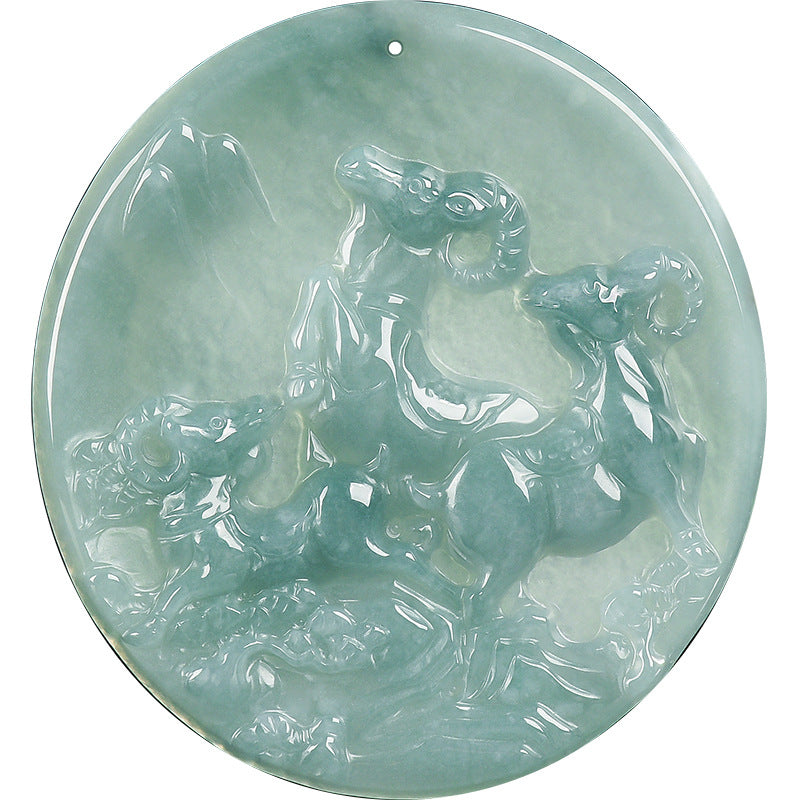 Grade A Blue Jadeite Goat Pendant – “Three Goats Bring Bliss” Carved Jade Amulet for Harmony & Prosperity