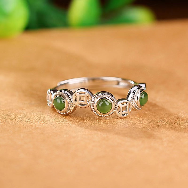 Money Coin Green Jade Silver Ring-Luck Prosperity