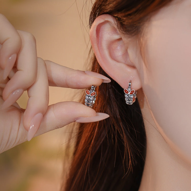 Abundant Harvest-Wheat Ear Red Agate S925 Silver Hoop Earrings