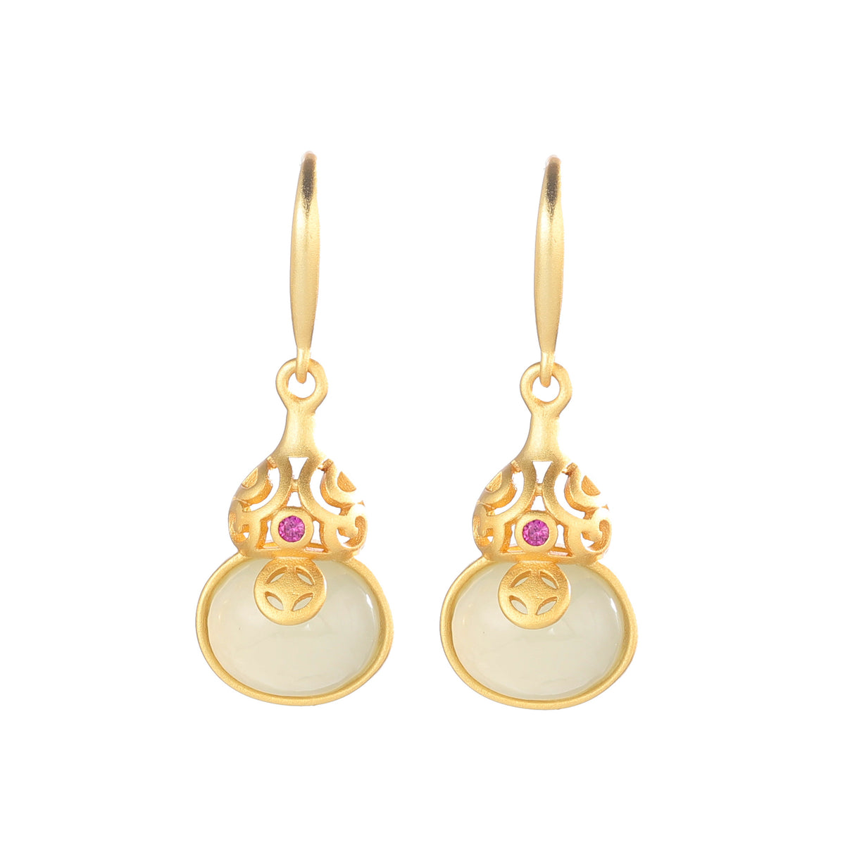 Gourd Nephrite Jade & Red Agate Drop Earrings-A Wish for Plenty