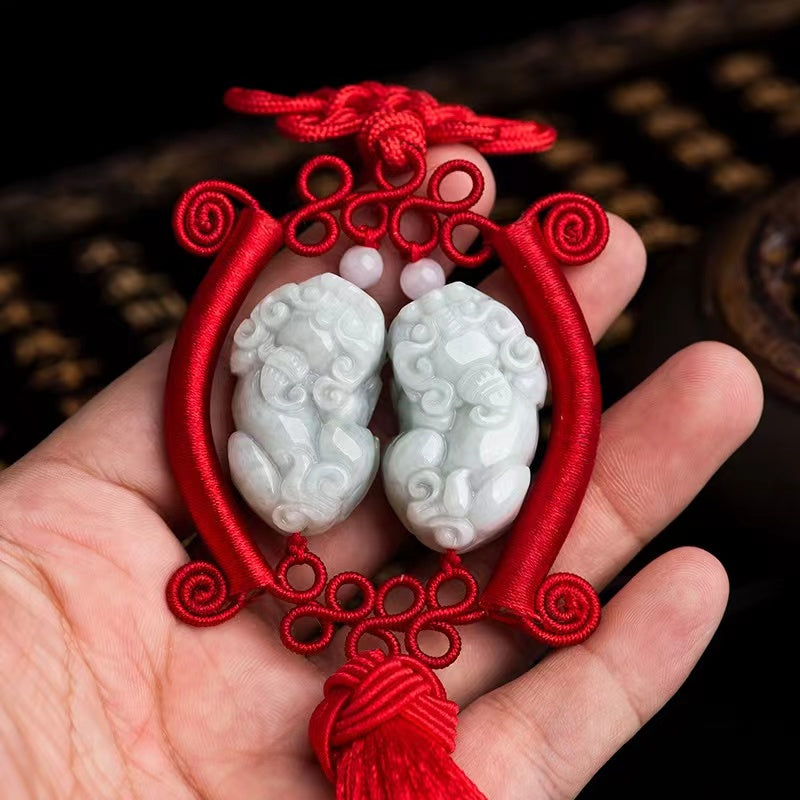 Double Pixiu Auto Hanging Ornament-Natural Jade