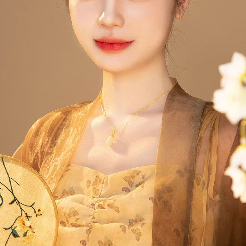 Gold Branch Jade Magnolia Pendant Necklace- wealth and prosperity