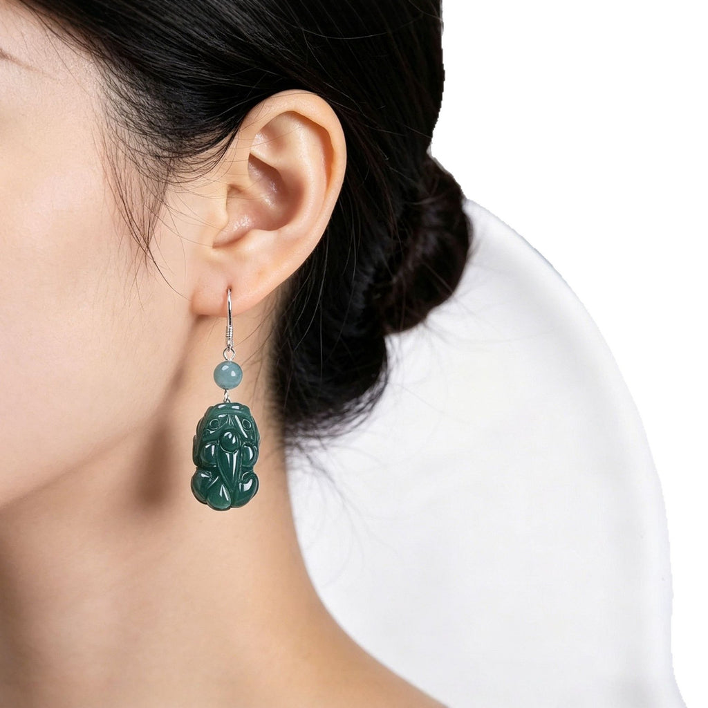 Grounded Abundance-Pixiu Jadeite Jade Dangle Earrings