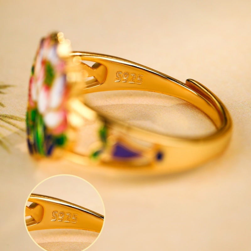 Delicate Bloom-Enamel Lotus Gold-Plated Ring