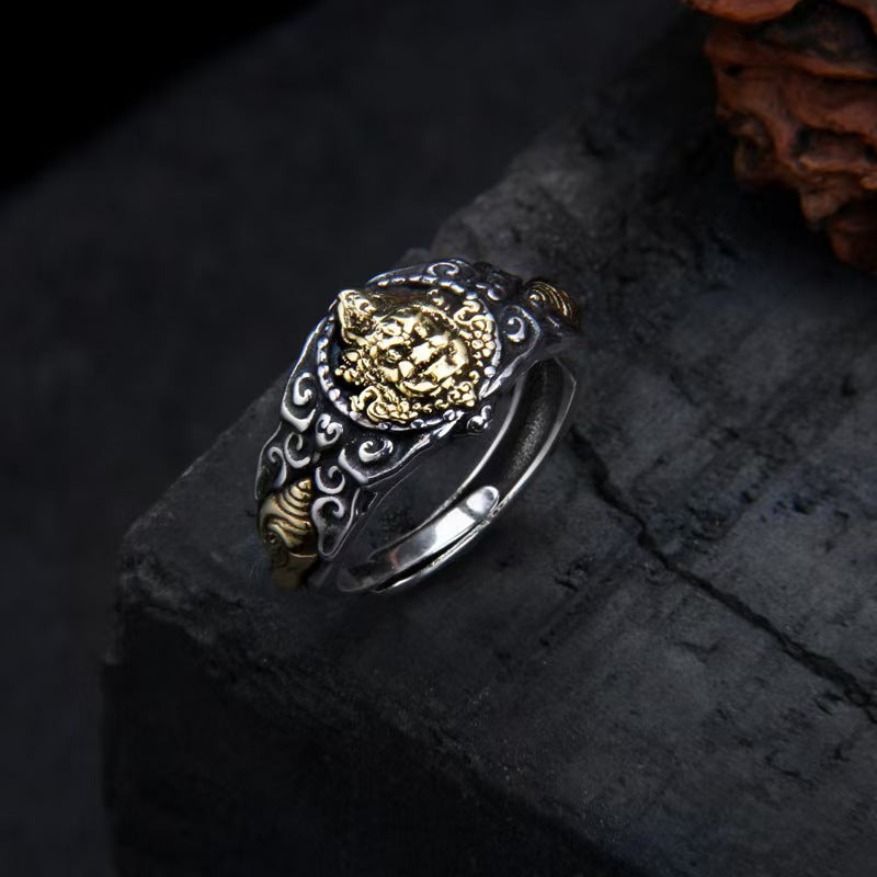Tibetan Yellow Jambhala Men Silver Ring-Wealth+Protection