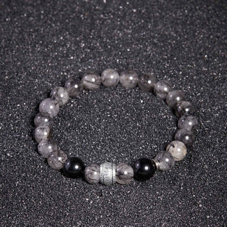 Obsidian and Black Rutilated Quartz Beaded Bracelet-Echoes of Wisdom