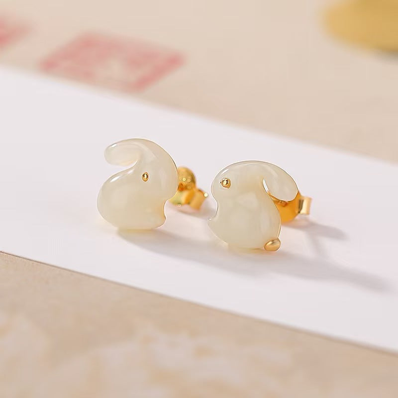 Wealth Rabbit Hetian Jade Earrings-Good Fortune and Luck