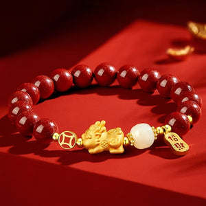 Gold Pixiu Red Cinnbar Beads Bracelet-Attract Luck