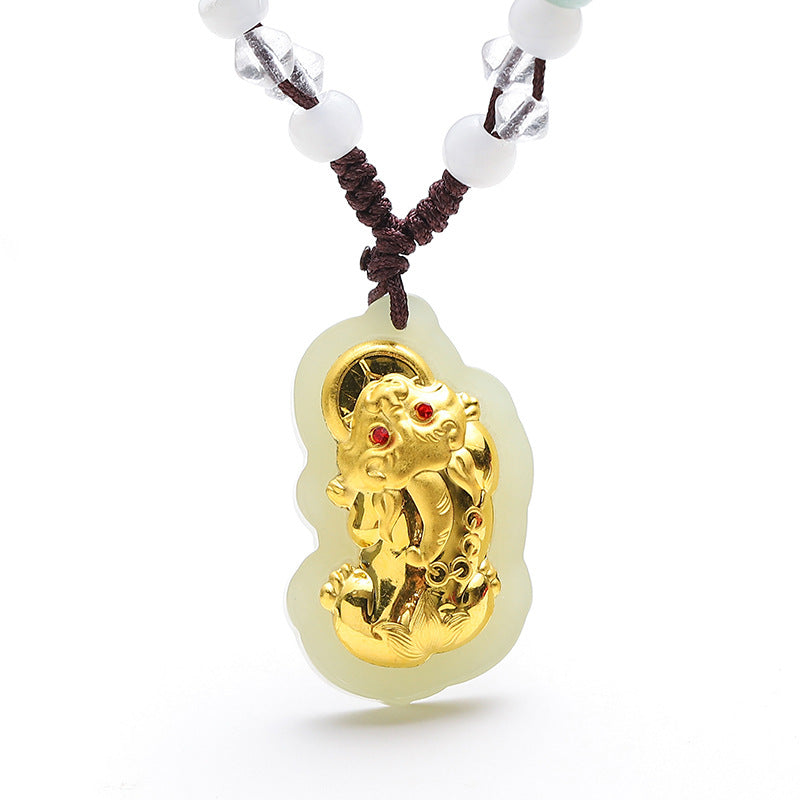 Goldener Pixiu Natur-Weißjade Glücksanhänger