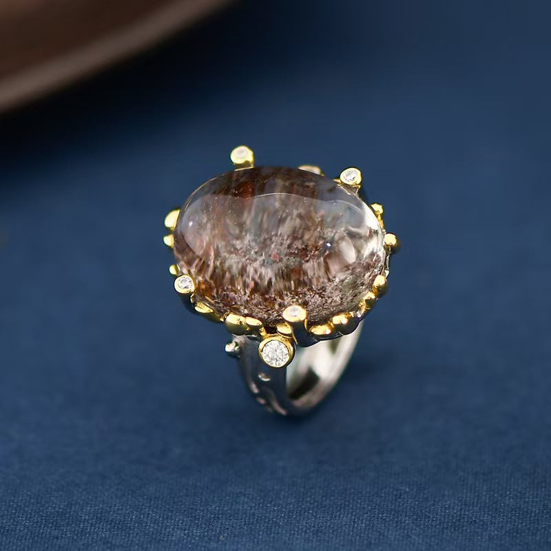 Natural Black Phantom Crystal Cabochon Ring-Stress Relief and Emotional Balance