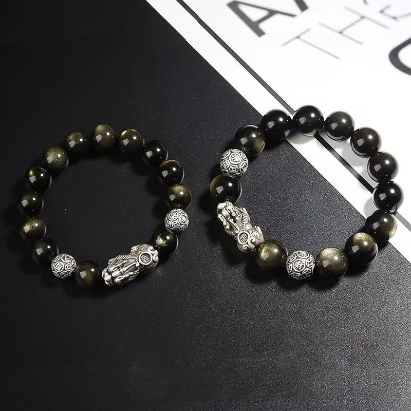 Silver Pixiu Gold Obsidian Bracelet -Attract Wealth