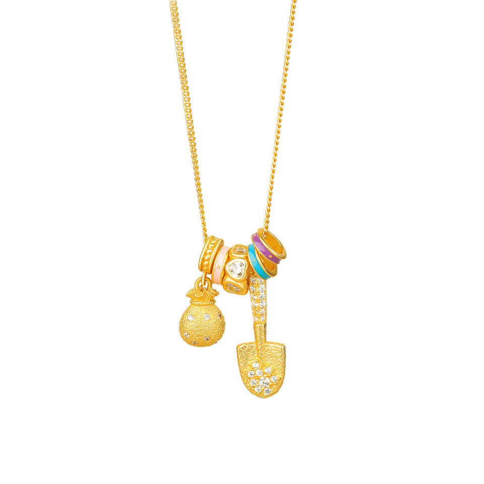 Gold Shovel & Blessing Pouch Necklace – Dig for Joy and Blessings