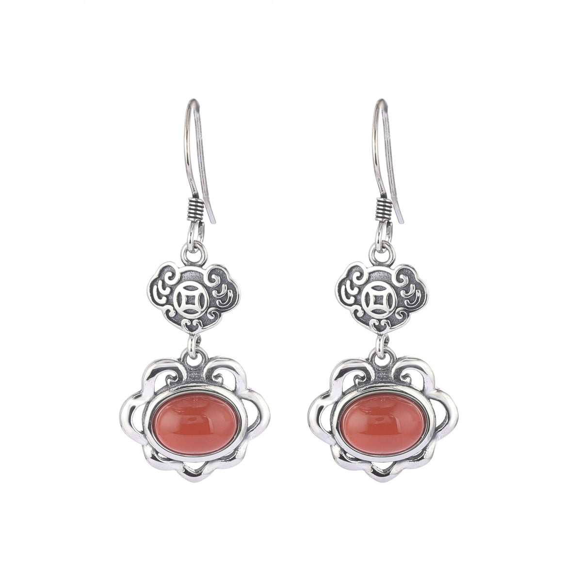 Auspicious Cloud Nephrite Jade or Red Agate S925 Silver Earrings-Wishes for Good Days
