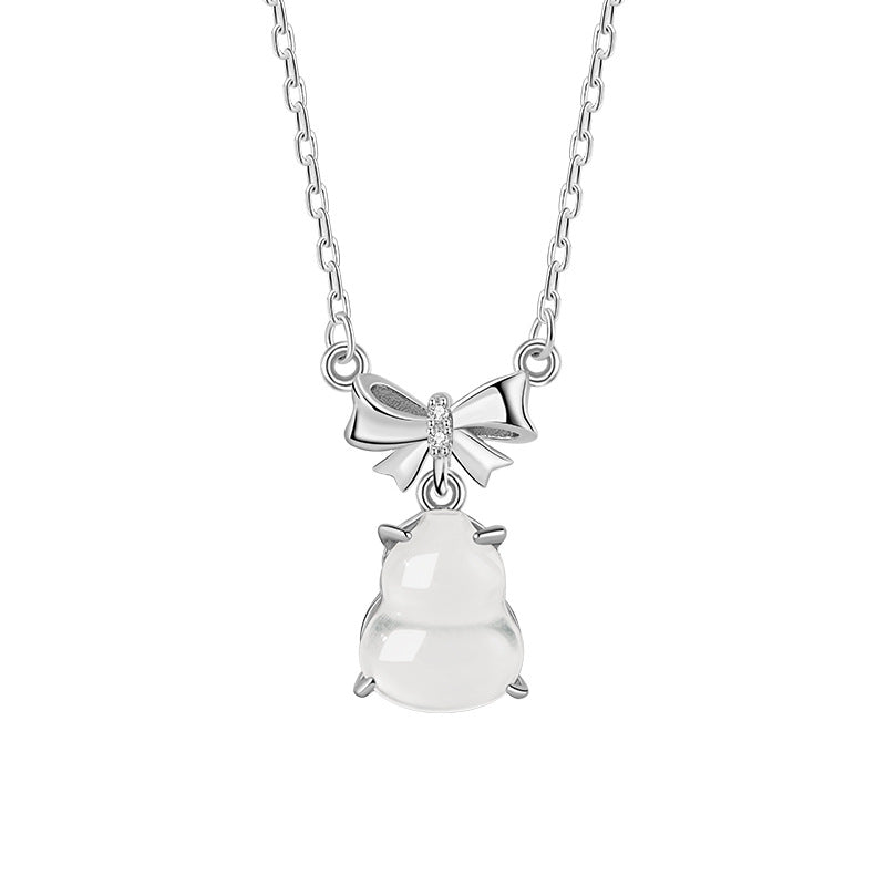 Gourd Jade Stone Silver Necklace-Blessings Tied Close