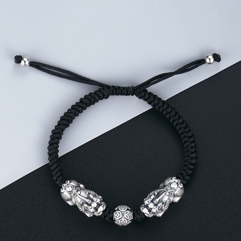 Double Pixiu Bracelet-Mantra Beads Black String