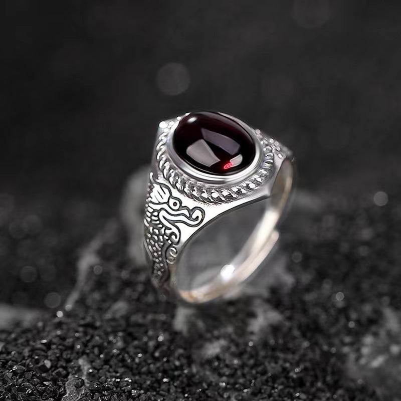 Zodiac Dragon Red Amber Silver Ring-Luck Prosperity