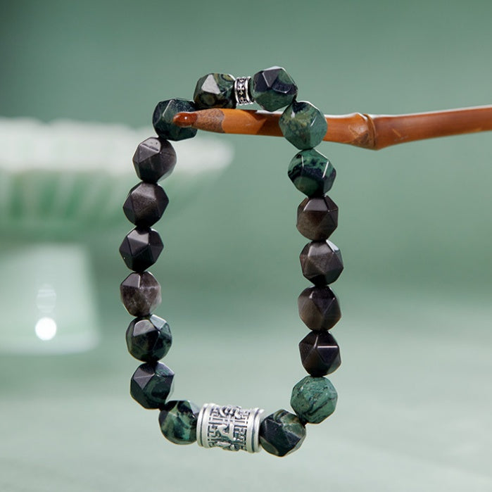 Six-Syllable Mantra Silver Sheen Obsidian Bracelet-Peaceful Balance