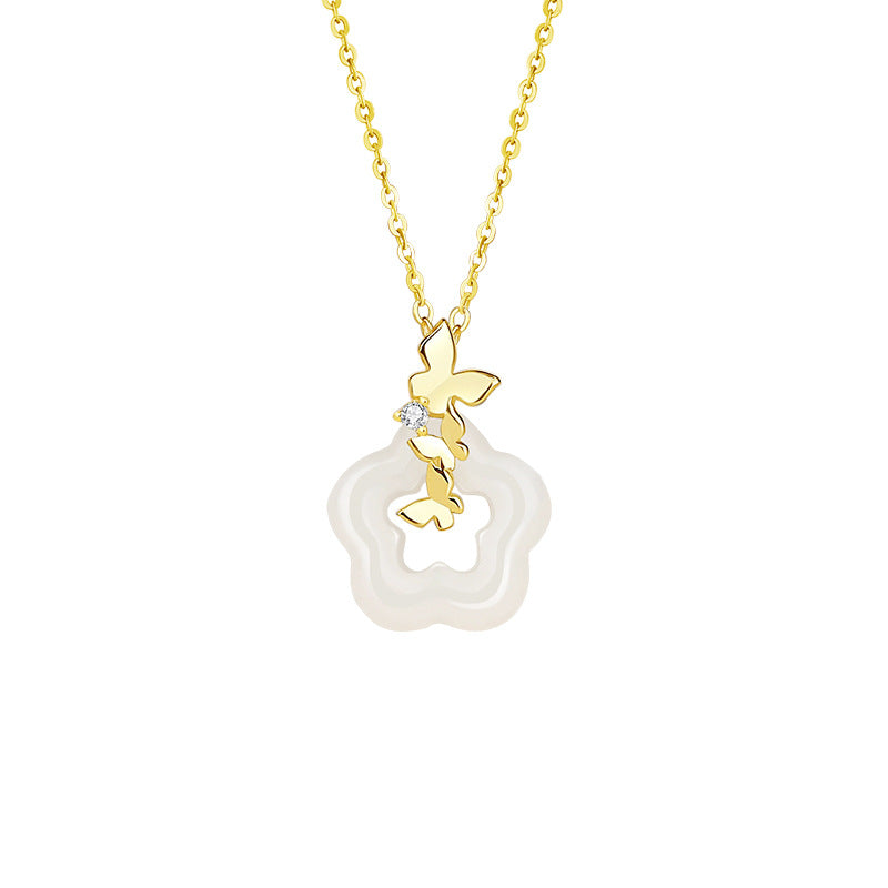 Butterfly Blossom White Nephrite Jade Pendant Necklace-Grace in Bloom