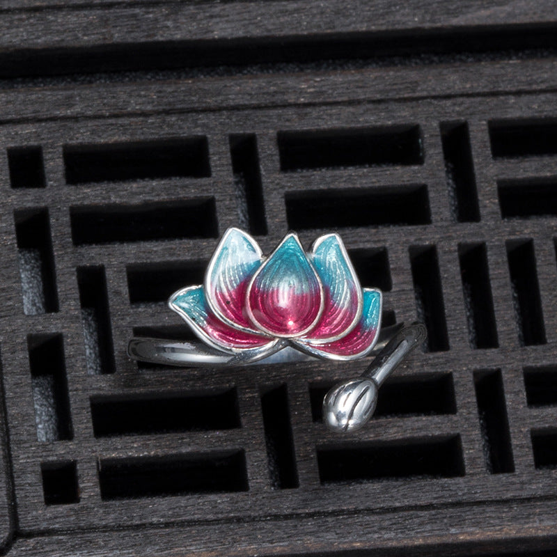 925 Silver Cloisonné Lotus Ring-Purity in Bloom