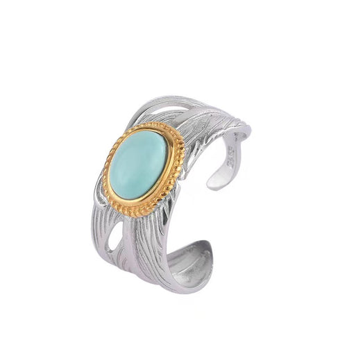 Natural Turquoise Feather Silver Ring