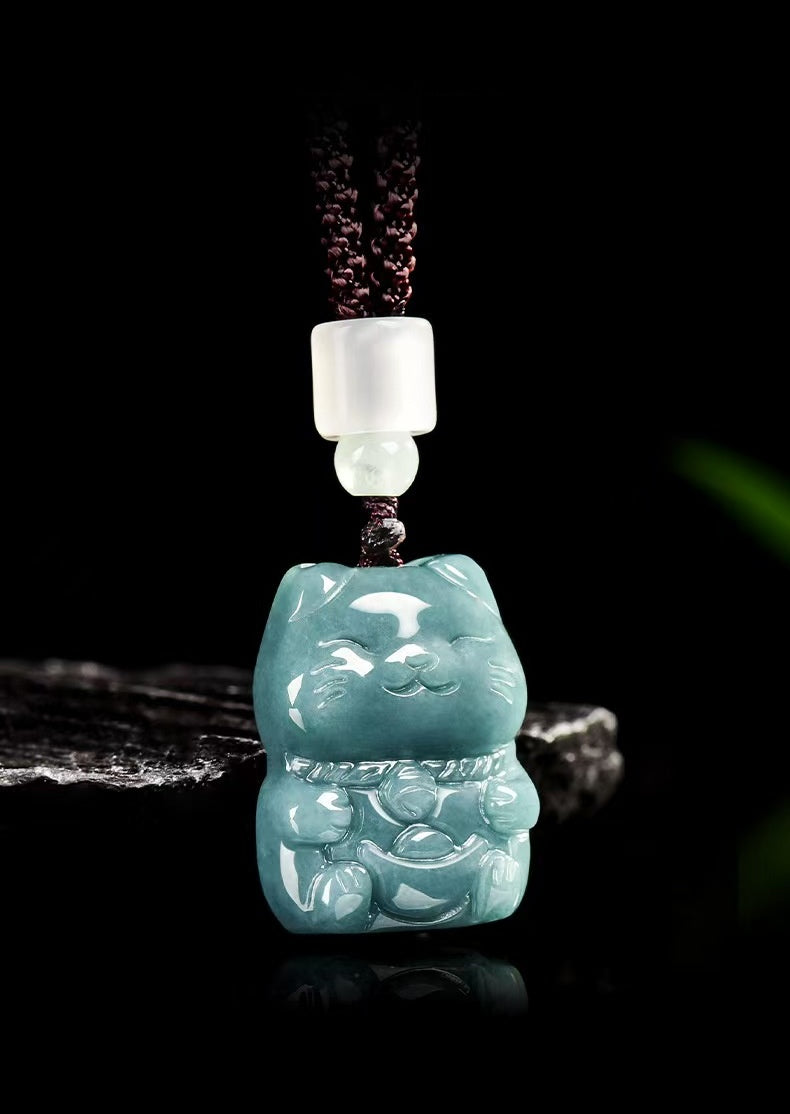 Blue Jade Wealth Cat Pendant – Prosperity, Fortune & Joy