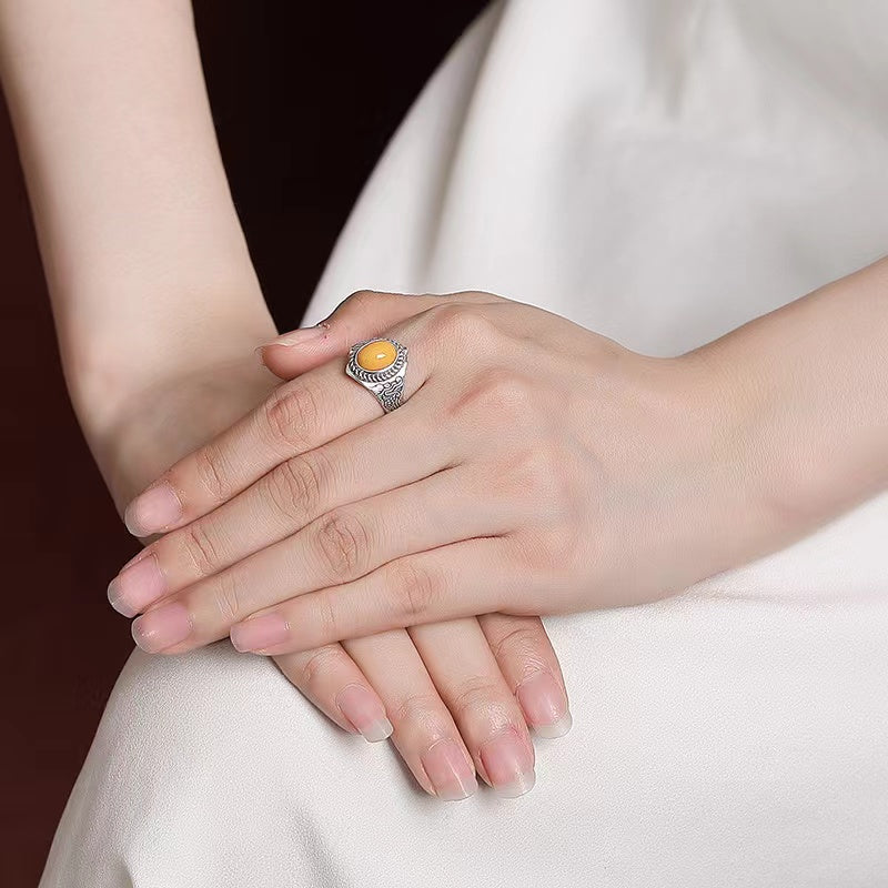 Zodiac Dragon Yellow Amber Silver Women Ring-Luck Prosperity