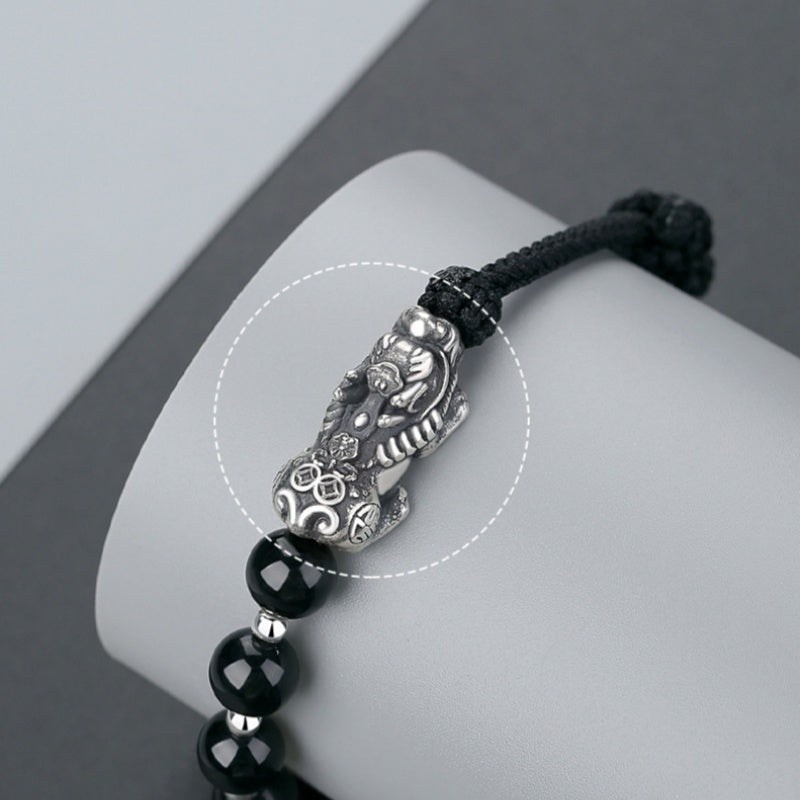 Wealth and Blessing-Pixiu Fine Silver and Obsidian Braided Bracelet