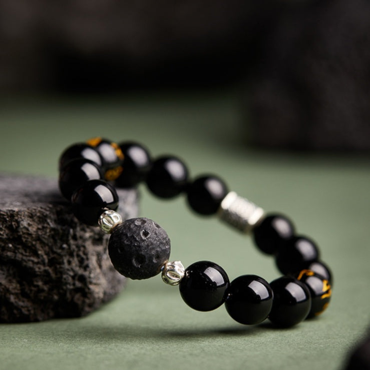 Six-Syllable Mantra Obsidian and Black Agate Bracelet-Steadfast Devotion and Inner Strength