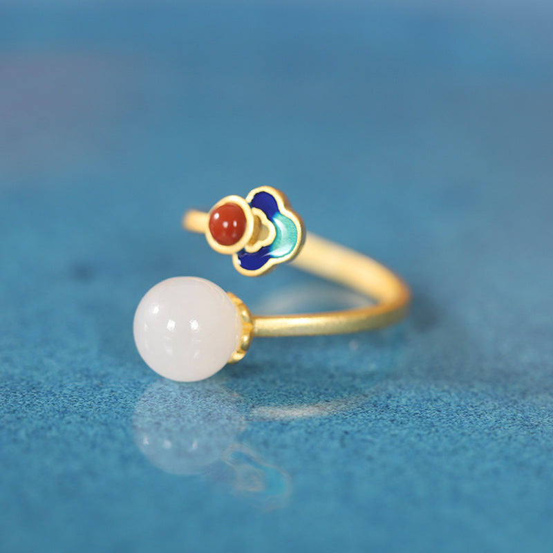 Enamel Nephrite Jade Red Agate Adjustable Ring-Color in Balance