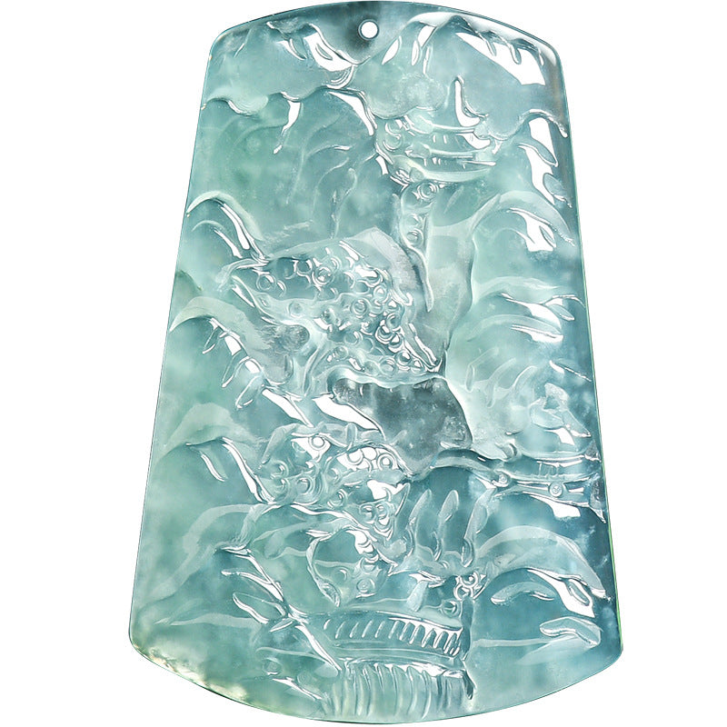 Blue Jadeite Landscape Pendant – Natural A-Grade Glutinous Variety Jade Carving