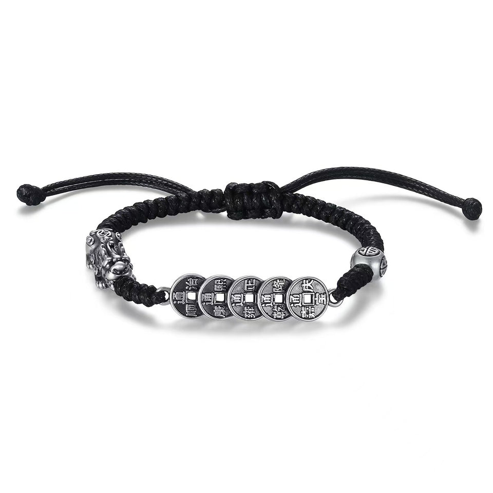 Fortune Lock – Pixiu Five Emperor Coins Silver Cord Bracelet