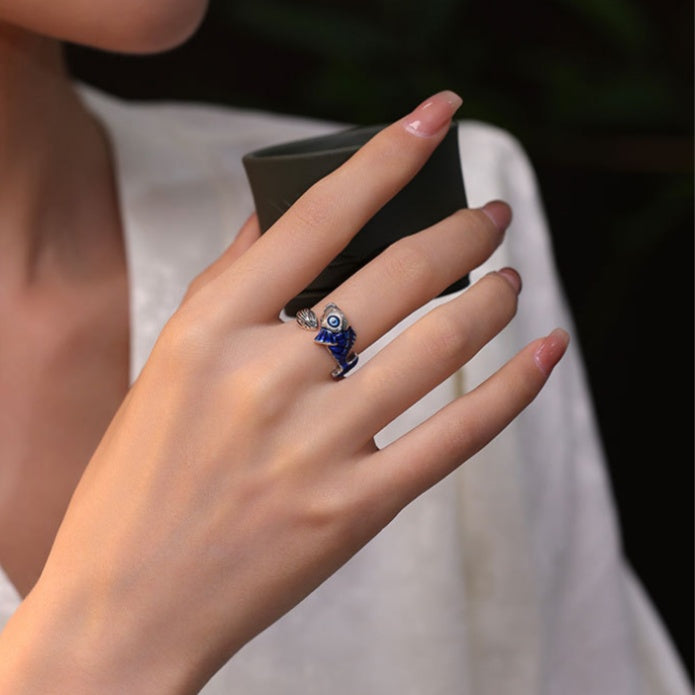 A Wish for Plenty-Koi & Lotus Enamel Silver Ring