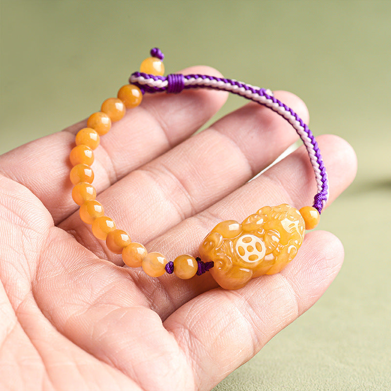 Natural Golden Silk Jade PiXiu Prosperity Hand-Woven Bracelet