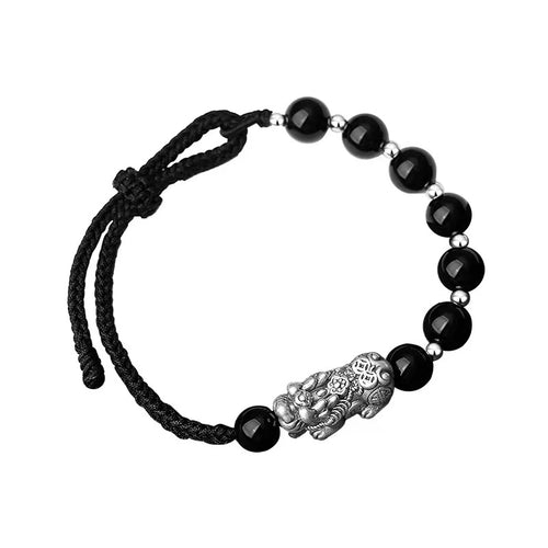 Black Obsidian 999 Silver Pixiu Bracelet-Attract Luck